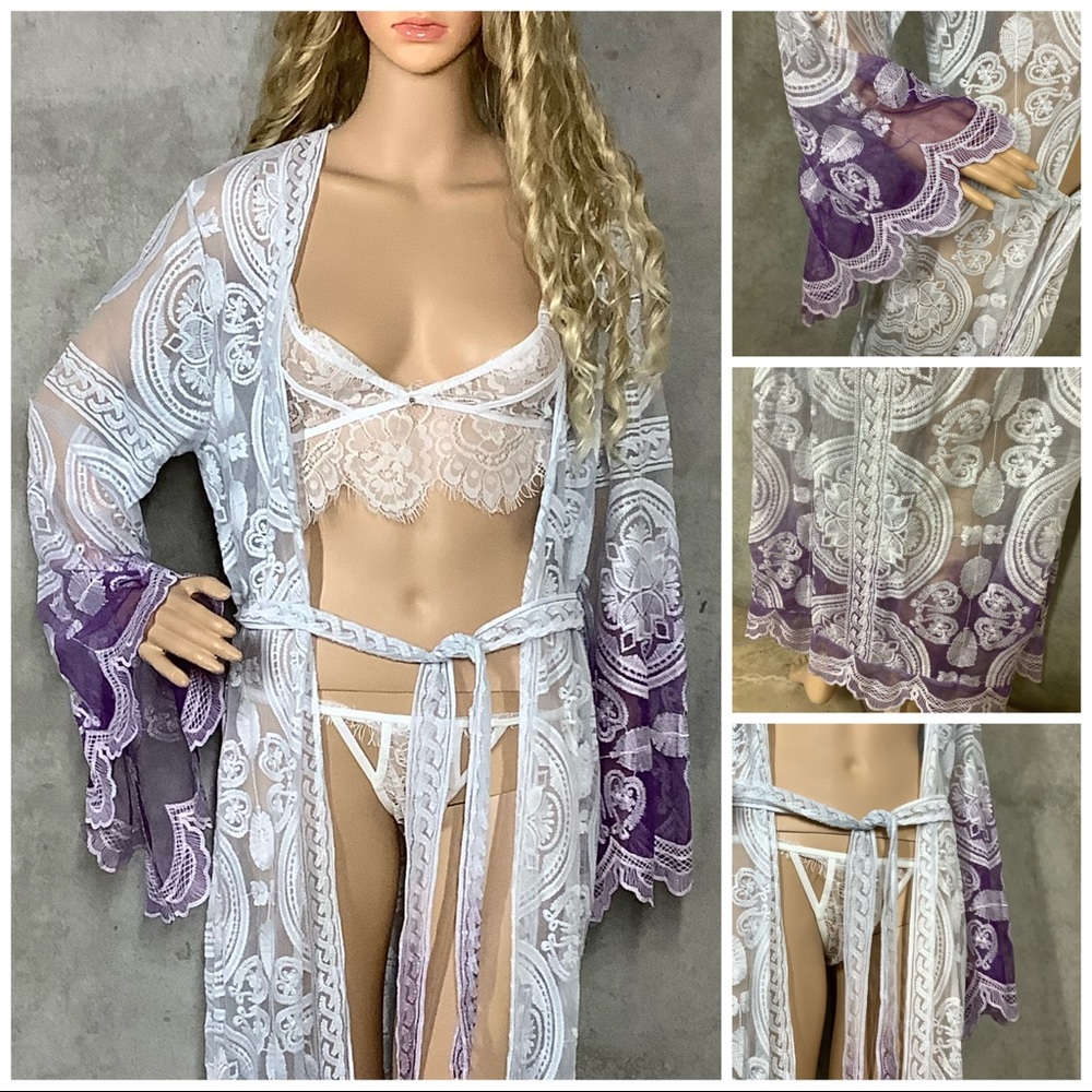 🌸 KIMONO ROBE CARDIGAN BELL SLEEVE OMBRE LOUNGE DUSTER MAXI LONG LACE FLARE - Picture 4 of 13
